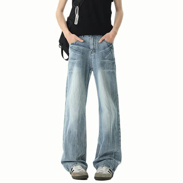 佐菲利 高街美式复古水洗做旧扎染宽松直筒牛仔裤 男款