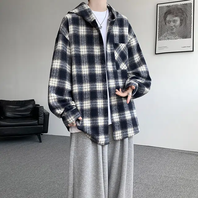 佐菲利 美式格子连帽宽松慵懒风衬衣痞帅高级感情侣毛呢外套衬衫 男女同款