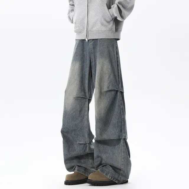 佐菲利 美式水洗做旧高街褶皱伞兵裤子潮牌宽松直筒长裤牛仔裤 男女同款