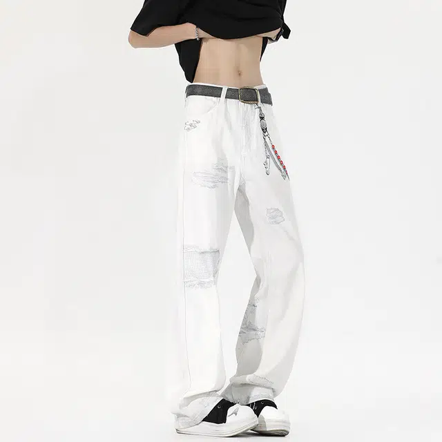 佐菲利 美式复古链条浮雕高街直筒微喇牛仔裤 男女同款