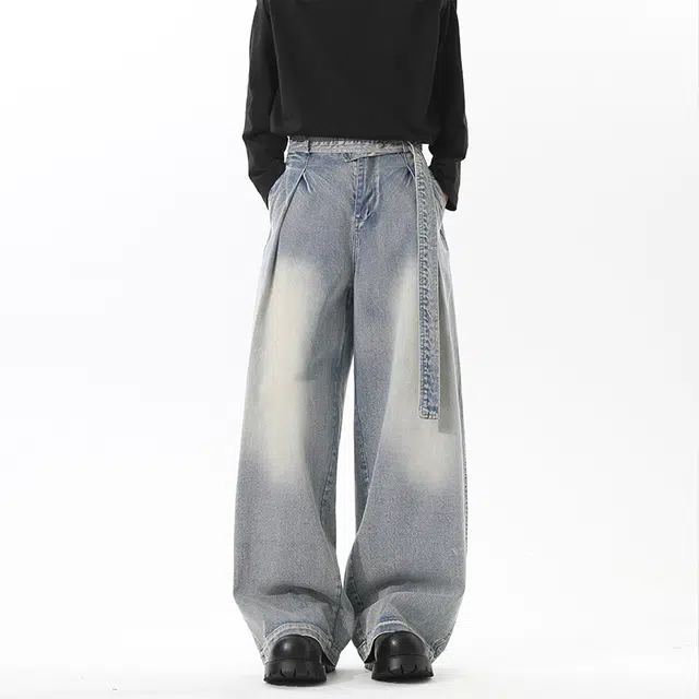 佐菲利 美式复古弯刀飘带设计感裤子高街垂感拖地阔腿长裤牛仔裤 男女同款