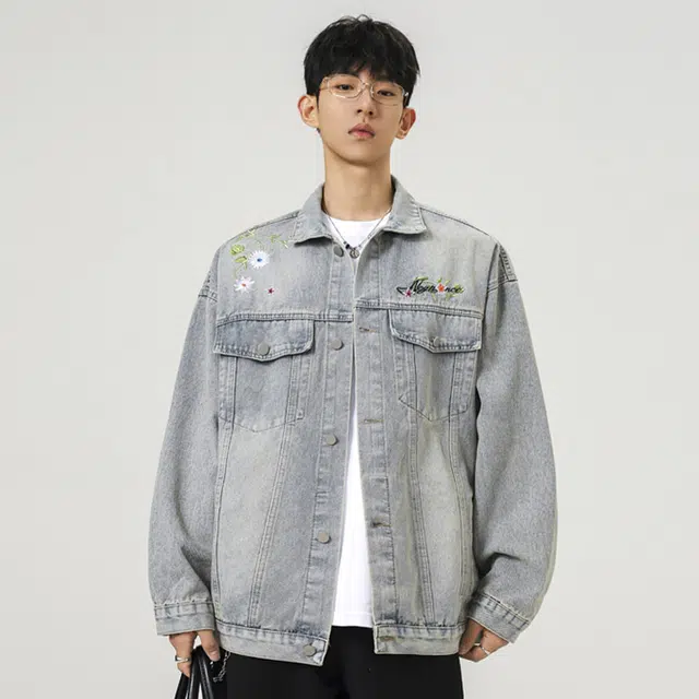 佐菲利 美式复古高街时尚百搭刺绣花卉短潮流宽松牛仔外套 男女同款