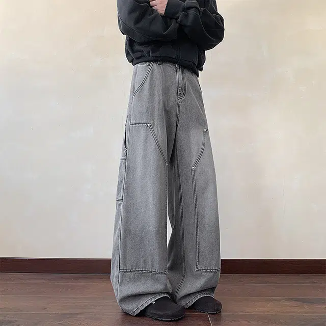 佐菲利 美式铆钉工装水洗做旧复古潮流高街宽松直筒阔腿裤子牛仔裤 男女同款