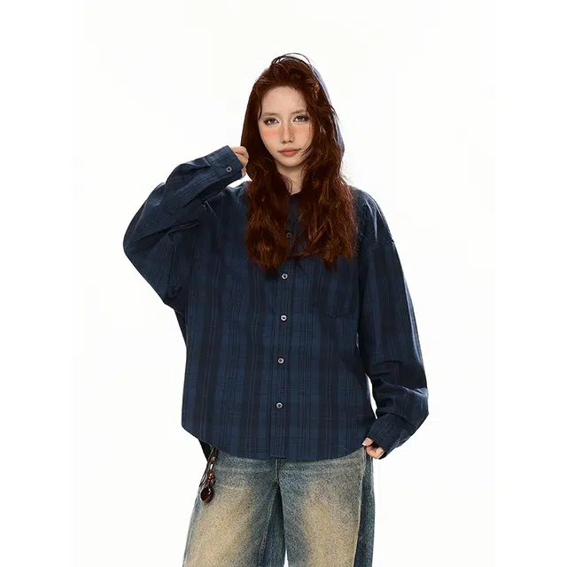 佐菲利 美式复古磨毛格子百搭休闲衬衣情侣工装外套衬衫 男女同款