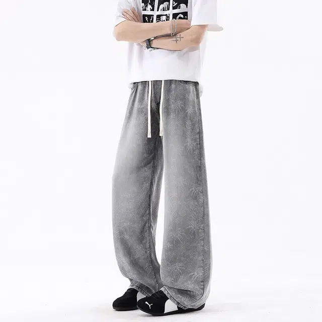 佐菲利 提花满印落叶图案美式复古宽松阔腿薄款冰丝裤垂感抽绳松紧腰直筒牛仔裤 男女同款