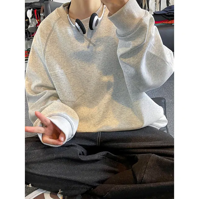 佐菲利 美式复古哈苏线拼接设计重磅圆领长袖打底休闲运动卫衣 男款