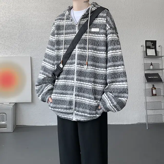 佐菲利 美式慵懒风条纹针织开衫重磅连帽休闲帽衫外套卫衣 男女同款