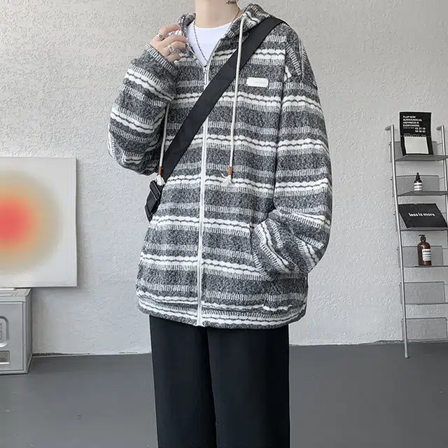 佐菲利 美式慵懒风条纹针织开衫重磅连帽休闲帽衫外套卫衣 男女同款