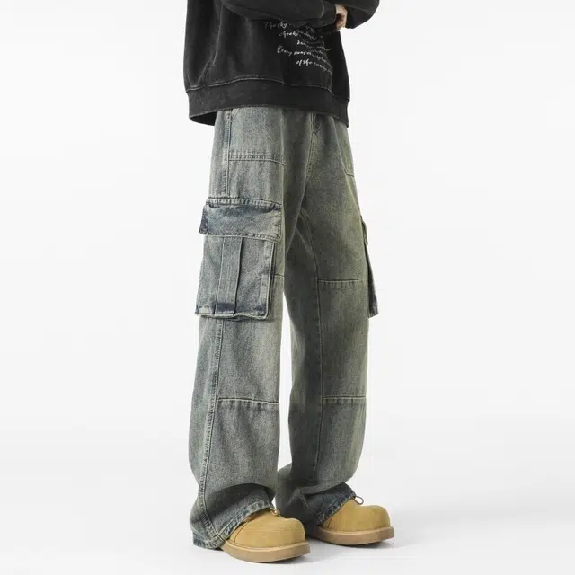 佐菲利 多口袋水洗工装美式复古宽松休闲百搭做旧直筒长裤牛仔裤 男女同款