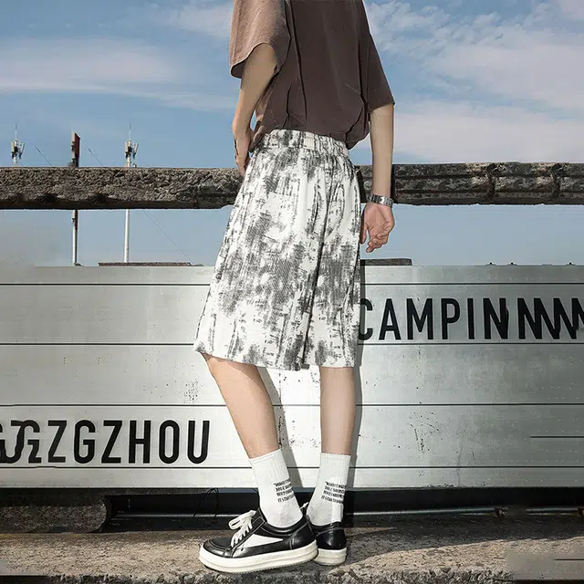 佐菲利 美式复古扎染薄款裤子直筒宽松五分裤运动中裤休闲短裤 男款