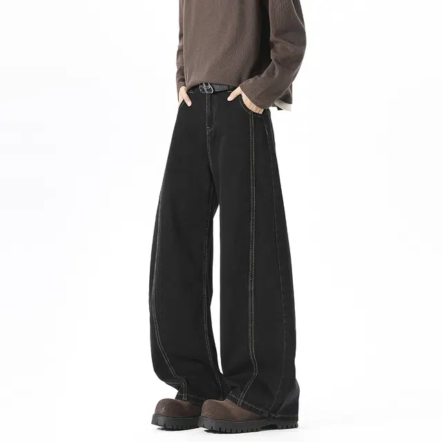 佐菲利 美式复古水洗潮牌做旧直筒裤子高街百搭阔腿弯刀裤牛仔裤 男女同款