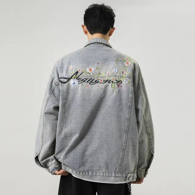佐菲利 美式复古高街时尚百搭刺绣花卉短潮流宽松牛仔外套 男女同款
