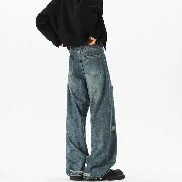 佐菲利 美式破洞夏季潮流牌直筒高街设计感痞帅休闲长裤子牛仔裤 男女同款