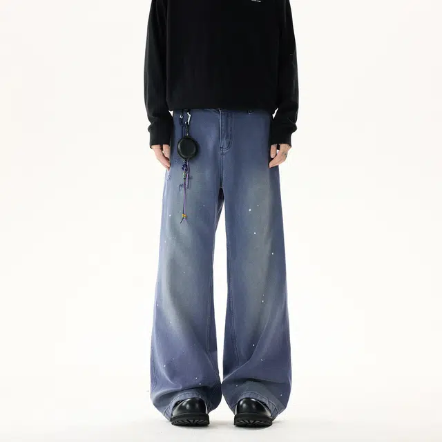 佐菲利 高街美式复古泼墨白点渐变水洗做旧宽松直筒破洞裤牛仔裤 男女同款