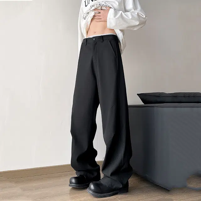 佐菲利 美式高街分割线拼接褶皱西裤宽松垂感纯色直筒休闲西装裤 男款