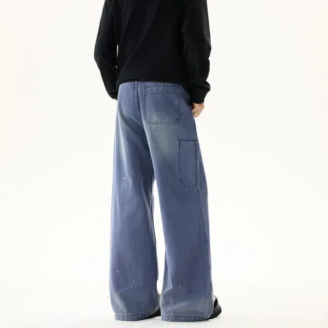 佐菲利 高街美式复古泼墨白点渐变水洗做旧宽松直筒破洞裤牛仔裤 男女同款