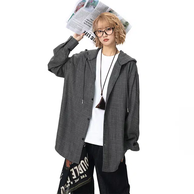 佐菲利 美式慵懒松弛感连帽抽绳宽松显瘦长袖衬衣外套衬衫 男女同款