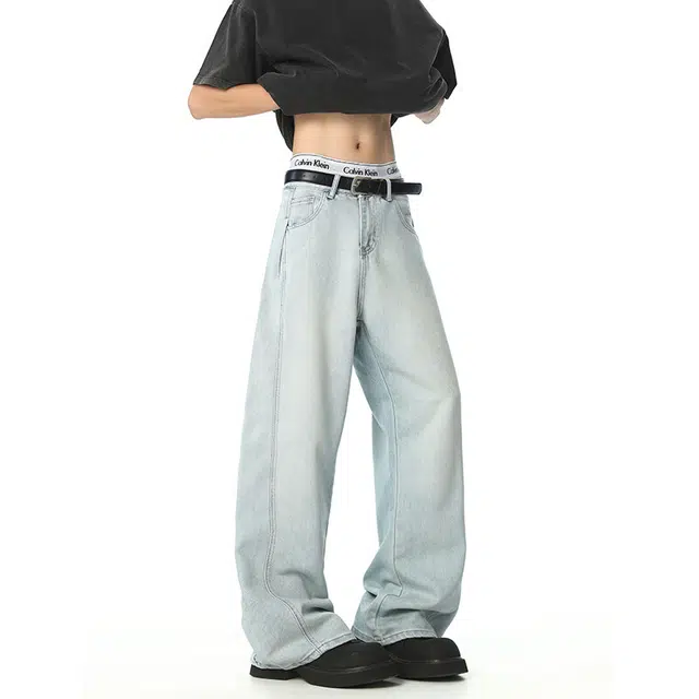 佐菲利 复古怀旧蓝天丝阔腿夏季薄款高腰垂感宽松褶皱直筒长裤子牛仔裤 男女同款