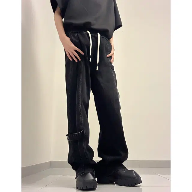 佐菲利 裁片拼接美式复古水洗做旧高街纽扣绑带直筒宽松百搭牛仔裤 男女同款