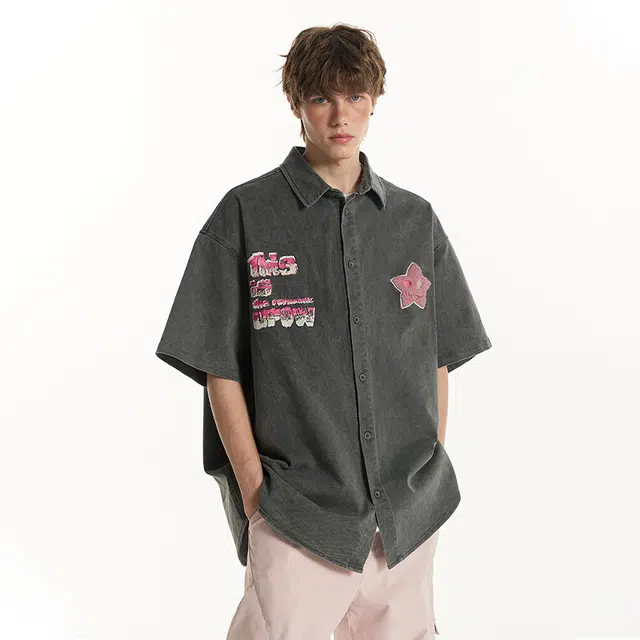 佐菲利 复古简约百搭个性印花设计港风潮牌痞帅牛仔夏季短袖衬衫 男女同款