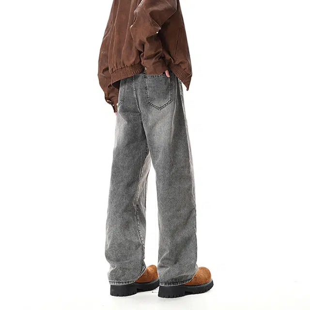 佐菲利 美式高街斜切拼接水洗做旧宽松长裤直筒阔腿休闲裤牛仔裤 男女同款