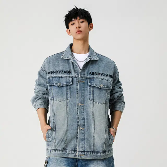 佐菲利 美式复古水洗牛仔外套潮流刺绣痞帅宽松工装上衣夹克 男女同款