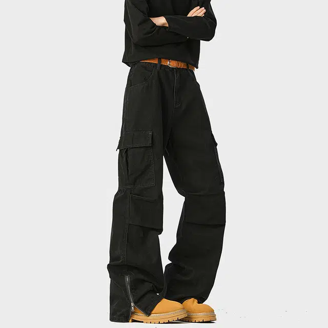 佐菲利 美式复古裤子高街拉链设计直筒长裤宽松百搭运动休闲裤工装裤 男女同款