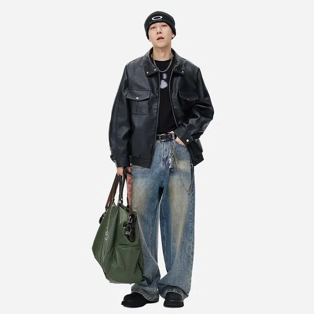 佐菲利 美式复古工装机车皮衣高街痞帅多口袋潮牌休闲宽松外套夹克 男女同款