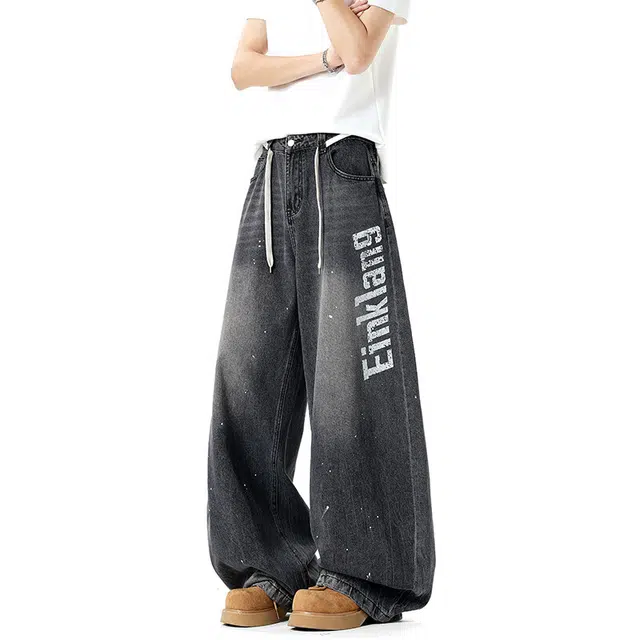 佐菲利 高街泼墨夏季美式潮牌做旧弯刀裤子复古百搭印花阔腿长裤牛仔裤 男款