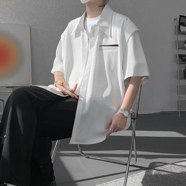 佐菲利 高级感美式痞帅休闲潮流小众解构穿搭衬衣短袖衬衫 男款