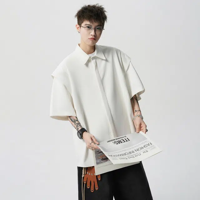 佐菲利 假两件垂感高级感慵懒廓形衬衣宽松冰丝外套夏季短袖衬衫 男款