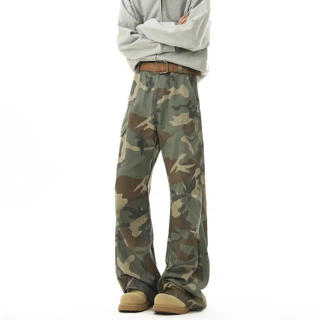 佐菲利 美式复古潮牌修身微喇百搭休闲裤 男女同款 迷彩