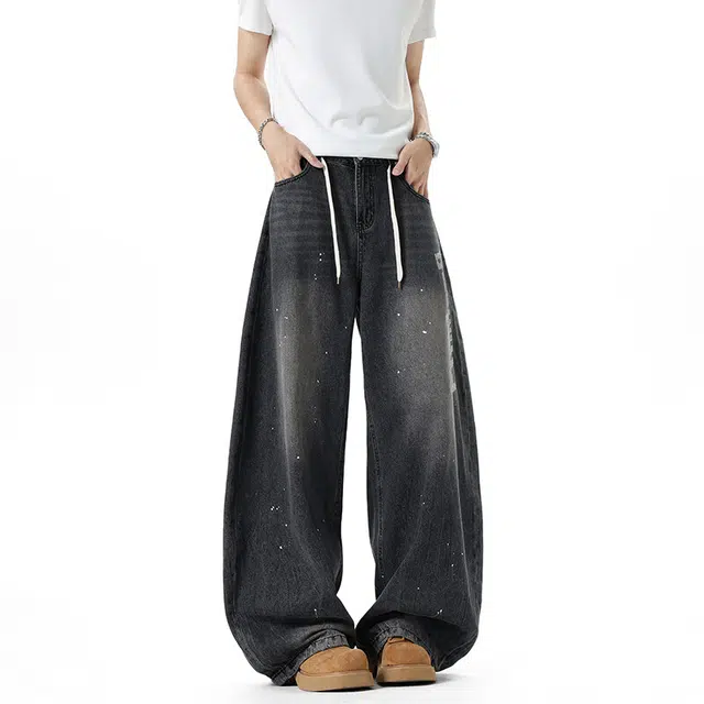 佐菲利 高街泼墨夏季美式潮牌做旧弯刀裤子复古百搭印花阔腿长裤牛仔裤 男款