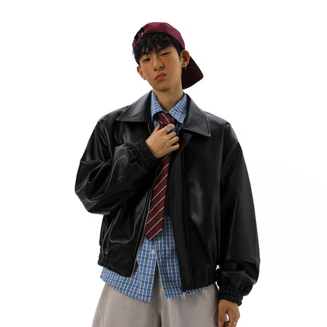 佐菲利 复古短款双拉链皮衣翻领外套机车风垫肩飞行员高级感夹克 男女同款