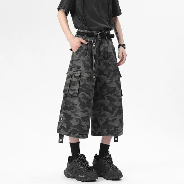佐菲利 美式高街迷彩夏季重磅潮牌工装七分裤宽松阔腿运动中裤牛仔短裤 男女同款