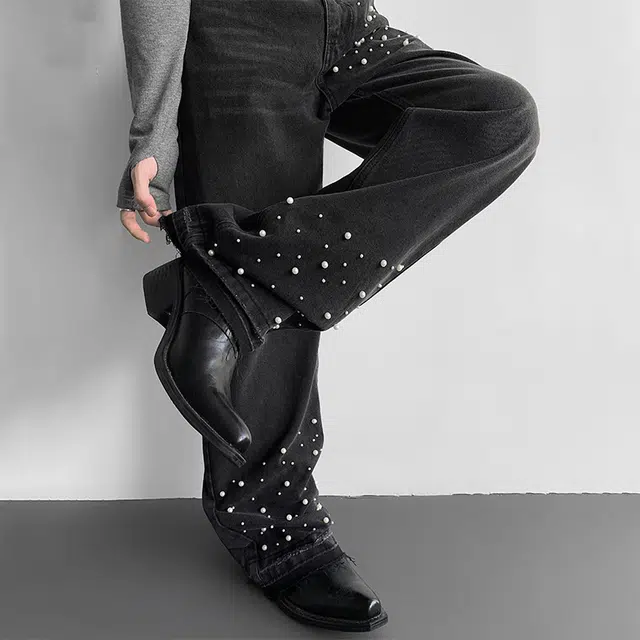 佐菲利 美式街头重工珍珠满天星镶珠烫珠宽松直筒痞帅高街阔腿裤牛仔裤 男女同款