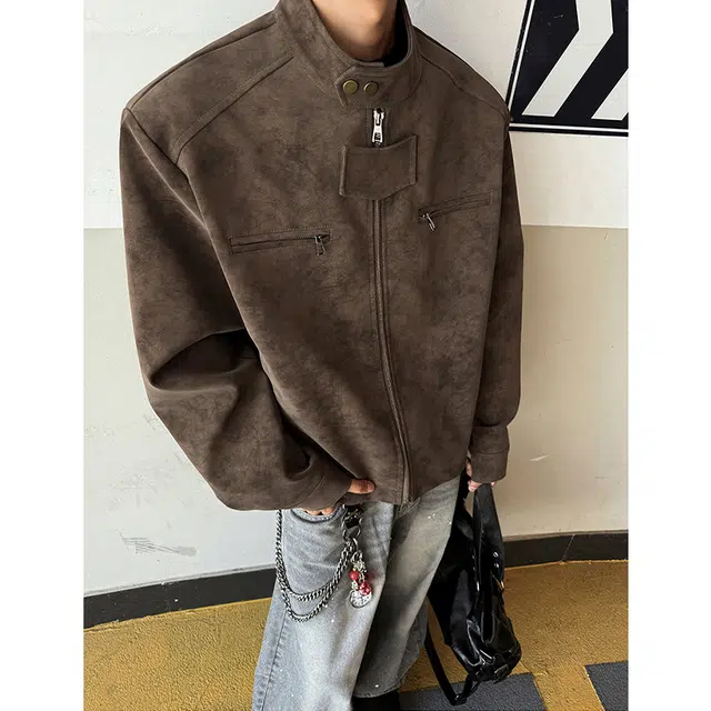 佐菲利 休闲设计感帅气简约美式复古短款宽松立领机车外套男秋季夹克 男女同款