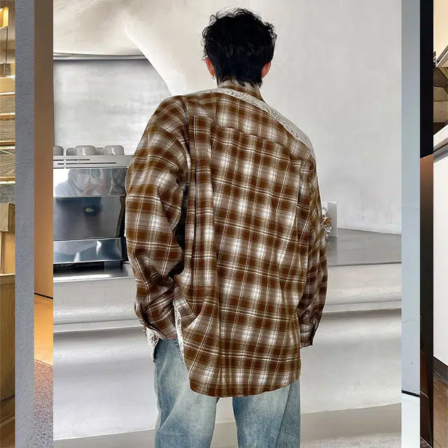 佐菲利 美式复古格子青少年撞色休闲上衣宽松百搭情侣外套衬衫 男女同款