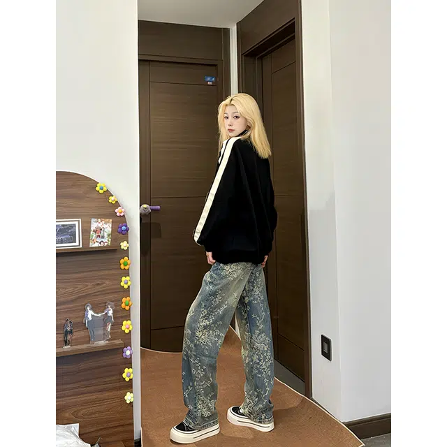 佐菲利 美式高街百搭直筒复古水洗中腰显高弹力提花刺绣情侣款牛仔裤 男女同款