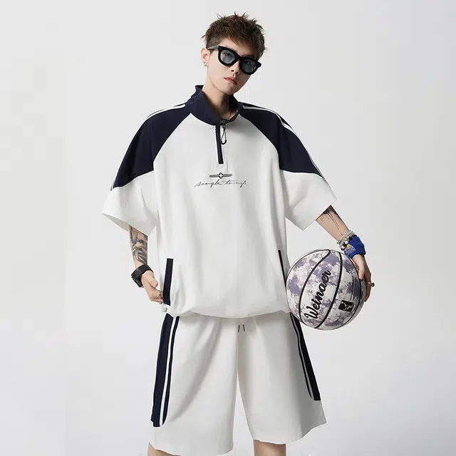 佐菲利 美式复古宽松时尚学院风两件套跑步短袖短裤休闲运动套装 男款