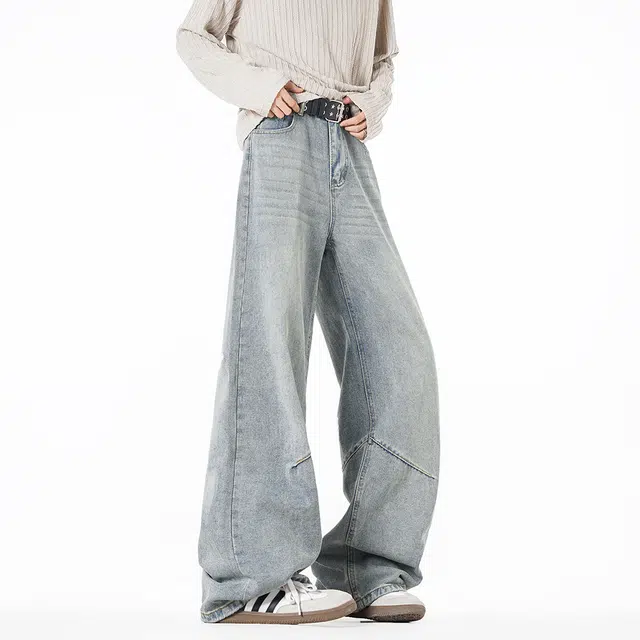 佐菲利 美式水洗做旧高街百搭宽松阔腿潮牌褶皱拼接长裤牛仔裤 男女同款