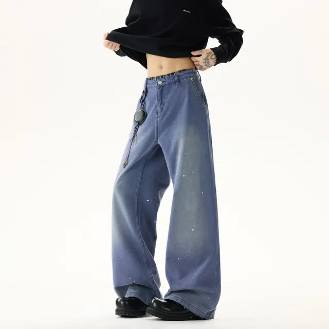 佐菲利 高街美式复古泼墨白点渐变水洗做旧宽松直筒破洞裤牛仔裤 男女同款