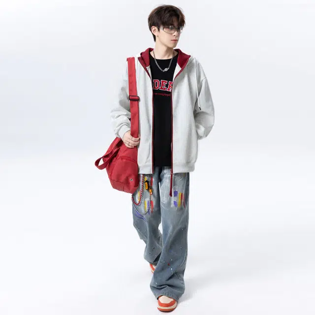 佐菲利 美式复古撞色拉链开衫潮牌宽松情侣休闲百搭连帽外套上衣卫衣 男女同款