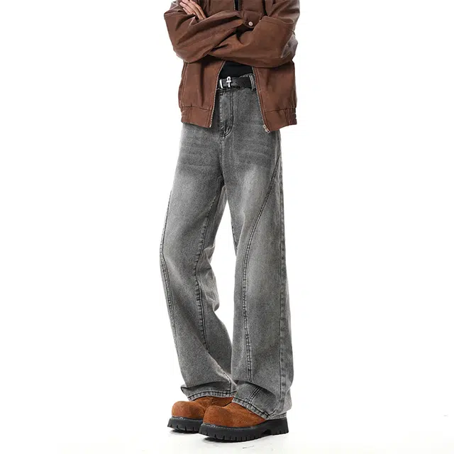 佐菲利 美式高街斜切拼接水洗做旧宽松长裤直筒阔腿休闲裤牛仔裤 男女同款