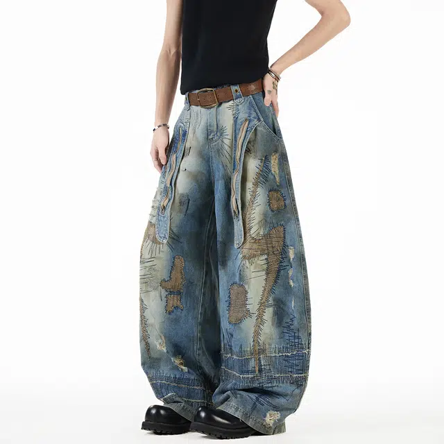 佐菲利 美式重工弯刀潮牌乱针刺绣裤子废土风阔腿长裤牛仔裤 男女同款