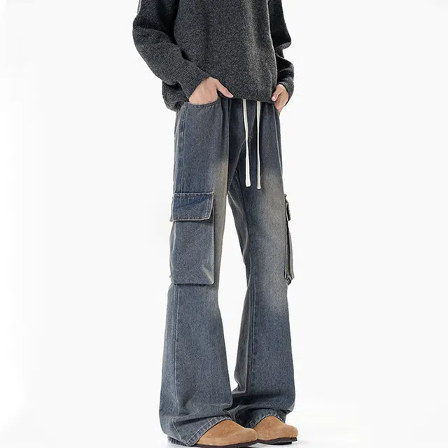 佐菲利 美式复古工装宽松直筒阔腿裤水洗做旧多口袋休闲长裤牛仔裤 男女同款