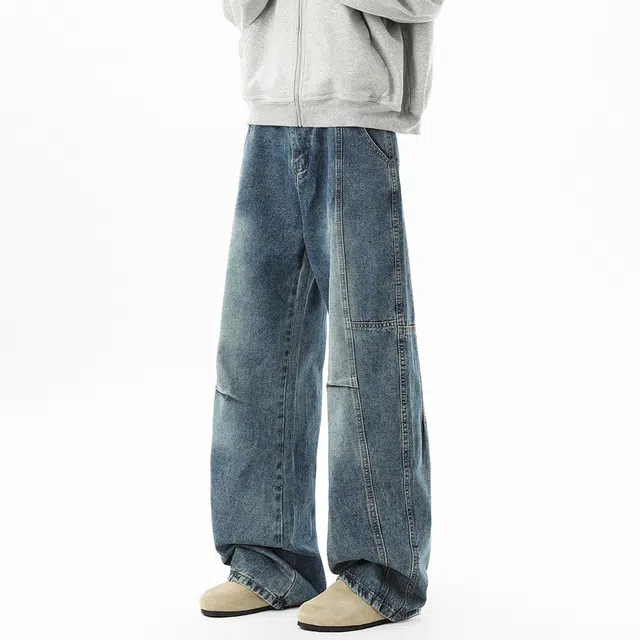 佐菲利 美式复古水洗拼接高街解构直筒长裤设计感做旧阔腿裤子牛仔裤 男女同款