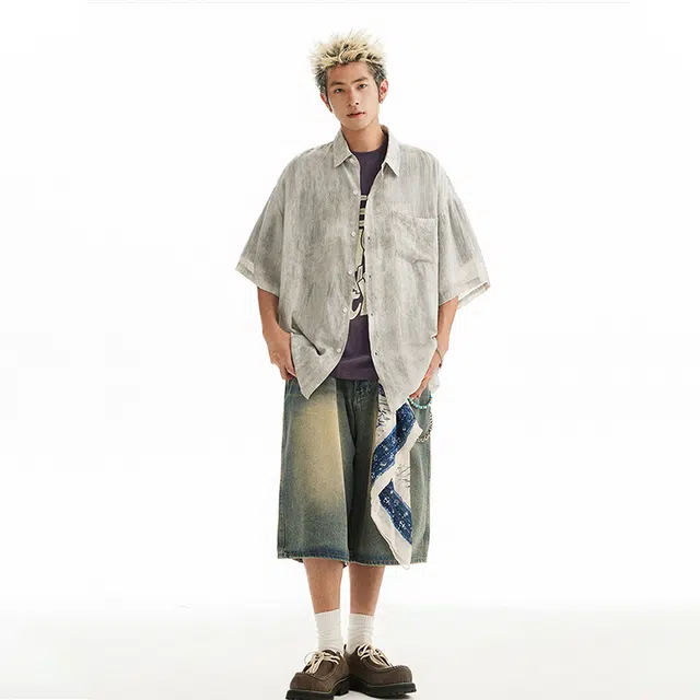 佐菲利 薄款防晒扎染速干宽松时尚短袖衬衫 男女同款