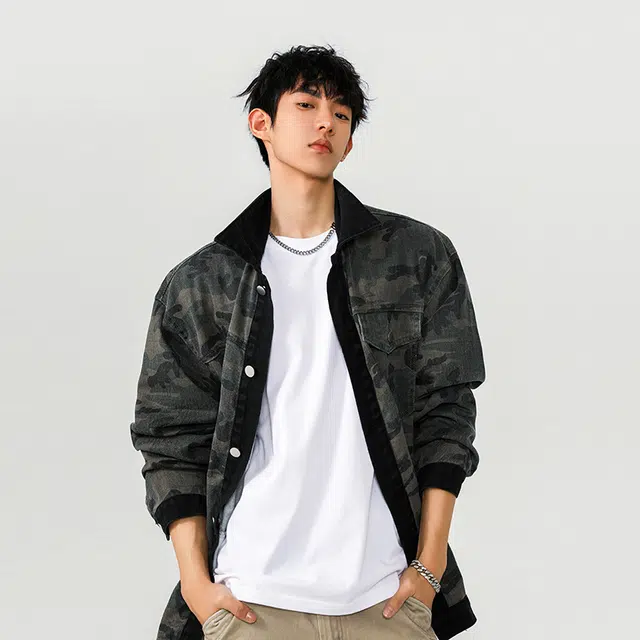 佐菲利 迷彩潮牌美式复古拼色工装夹克春秋季休闲上衣服牛仔外套 男女同款