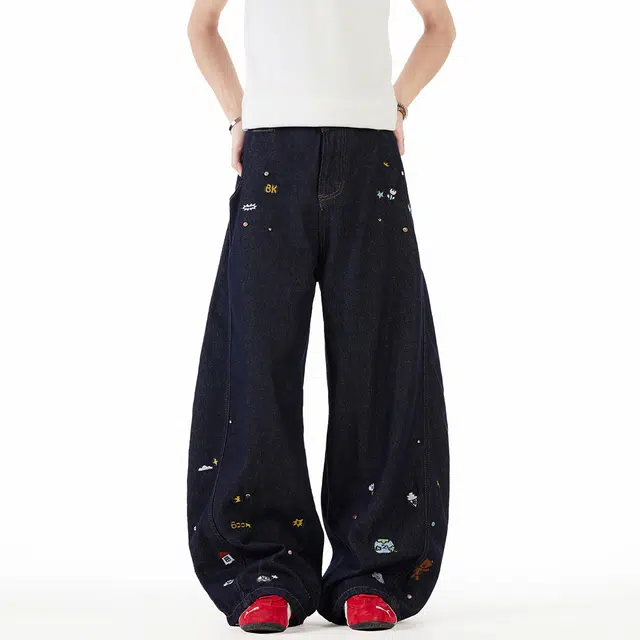 佐菲利 美式复古设计感刺绣卡通弯刀宽松情侣水洗阔腿休闲裤潮牛仔裤 男女同款
